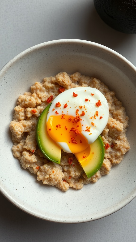 A bowl of savory oatmeal topped with a poached egg, avocado slices, and chili flakes.