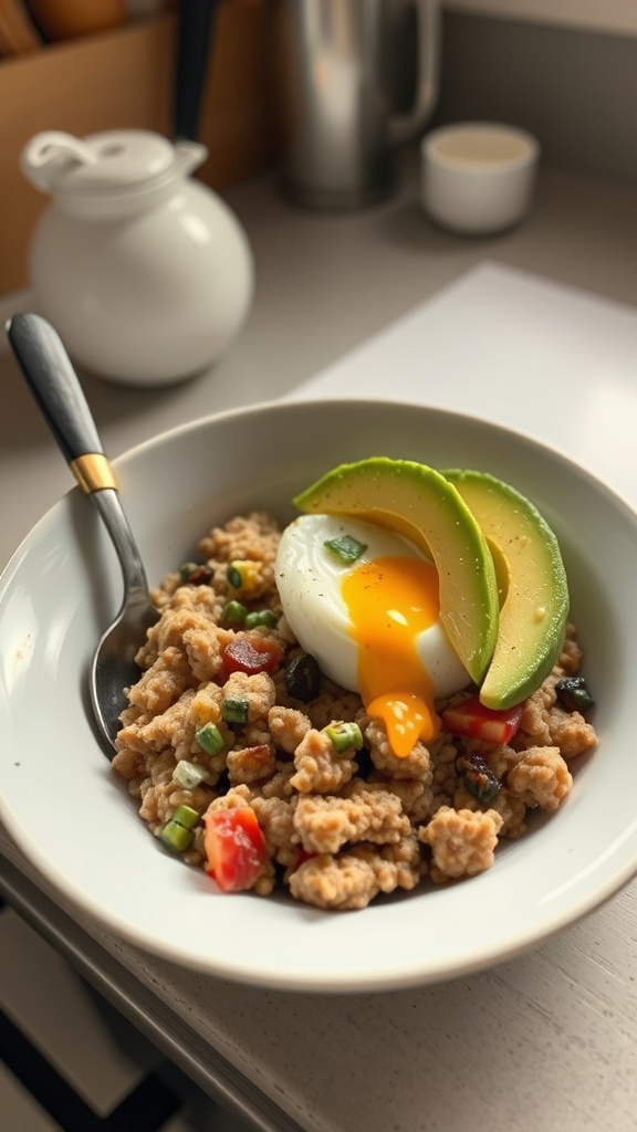 A bowl of savory oatmeal topped with a poached egg and avocado slices, garnished with vegetables.