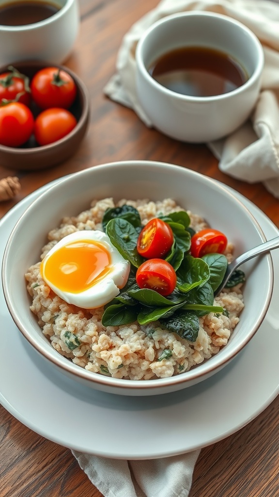 Savory oatmeal with a poached egg, spinach, and cherry tomatoes in a bowl.