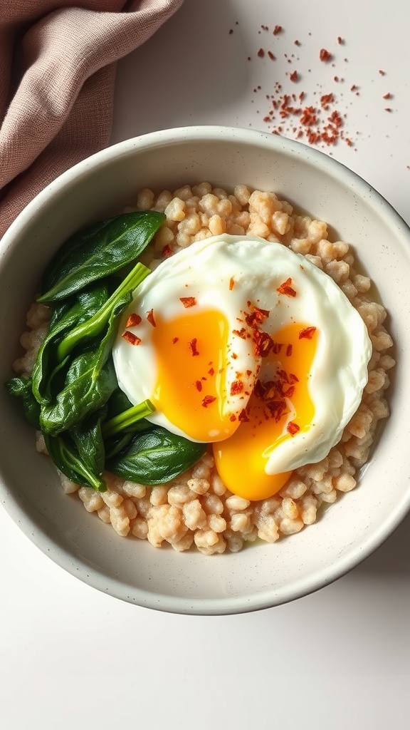 A bowl of savory oatmeal topped with poached eggs and fresh spinach, garnished with red pepper flakes.