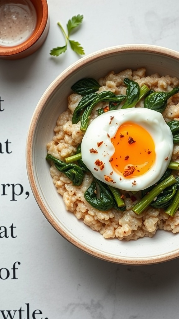 A bowl of savory oatmeal topped with a poached egg and greens.