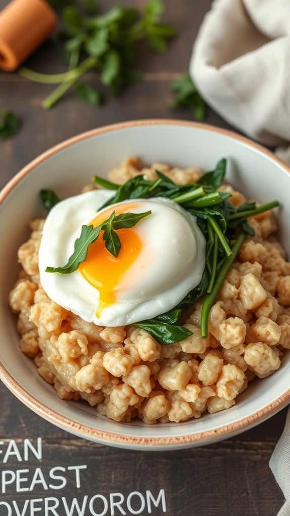 A bowl of savory oatmeal topped with a poached egg and fresh greens.