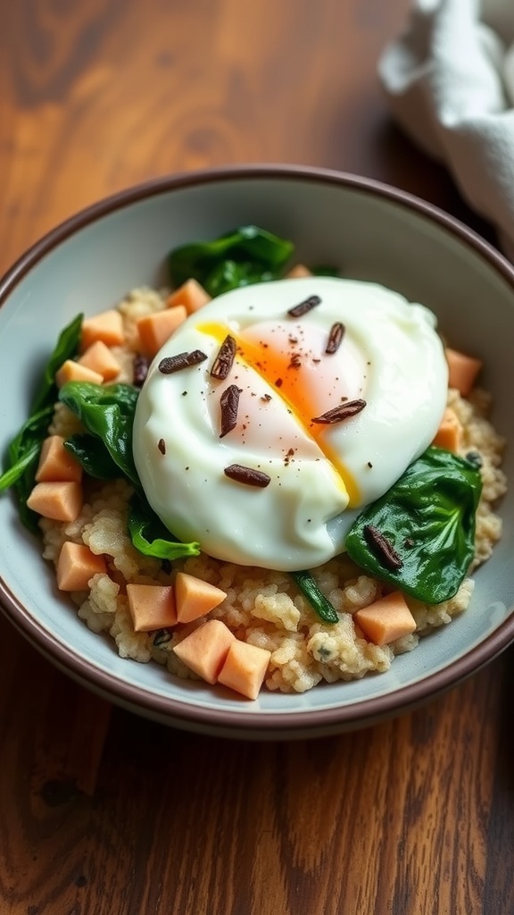 A bowl of savory oatmeal topped with spinach and a poached egg.