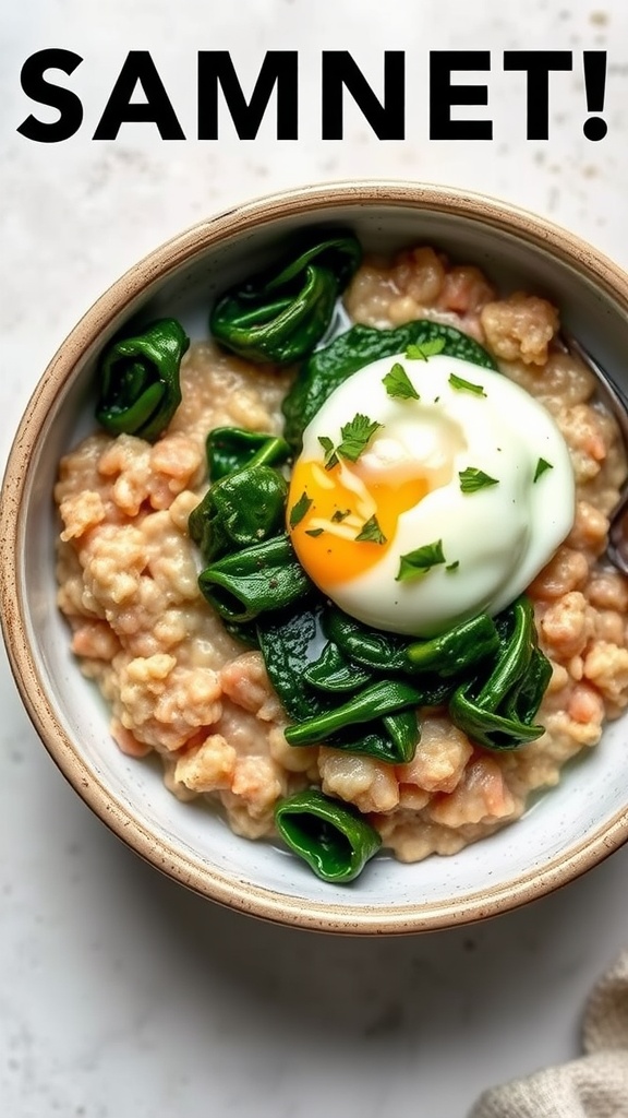 Savory oatmeal topped with spinach and a poached egg
