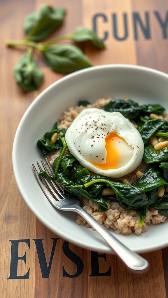 A bowl of savory oatmeal topped with spinach and a poached egg.