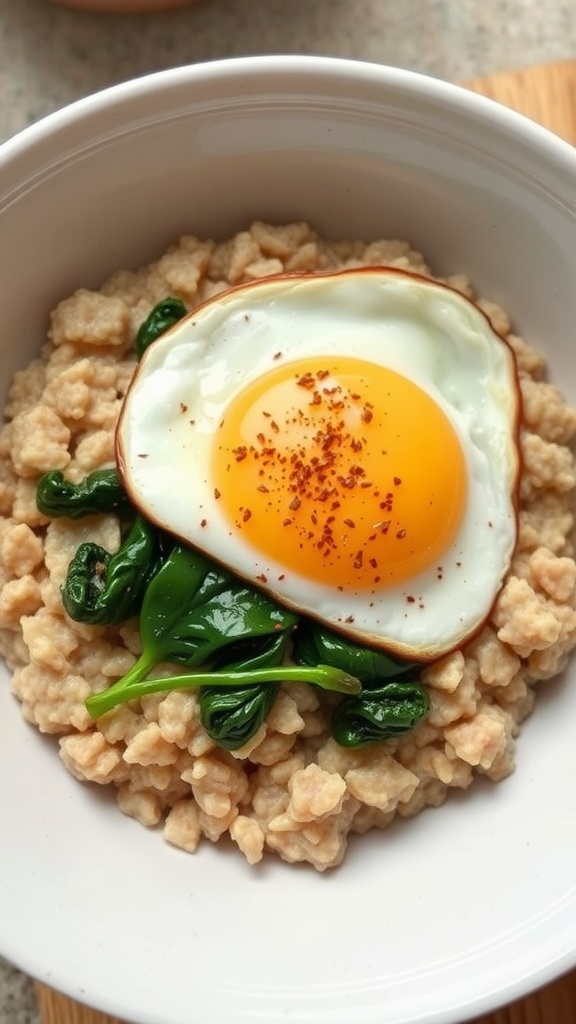 A bowl of savory oatmeal topped with spinach and a fried egg.