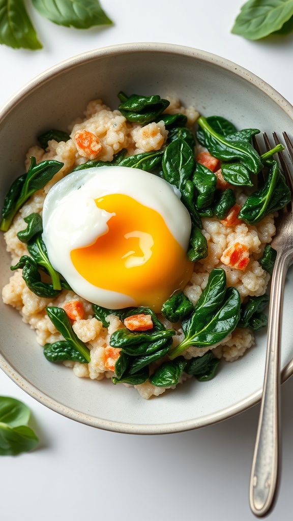 A bowl of savory oatmeal topped with spinach and a poached egg, garnished with fresh basil leaves.