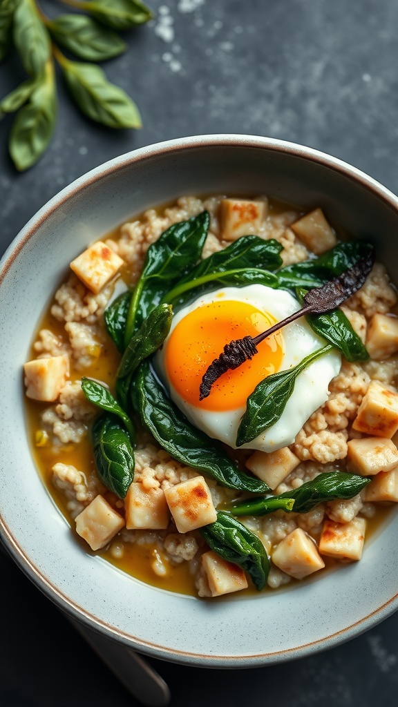 A bowl of savory oatmeal topped with spinach and a poached egg.