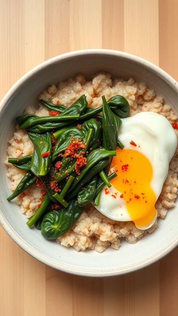 A bowl of savory oatmeal topped with spinach and a poached egg, garnished with chili flakes.