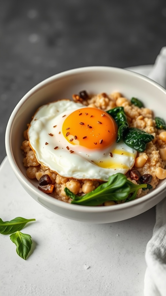 A bowl of savory oatmeal topped with spinach and a fried egg.