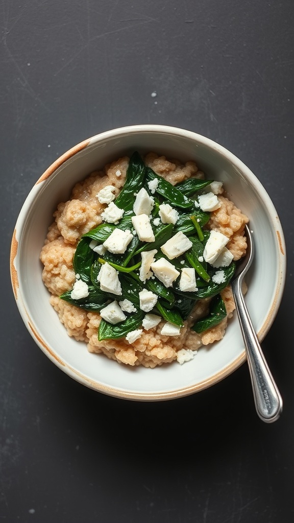 A bowl of savory oatmeal topped with spinach and feta cheese.