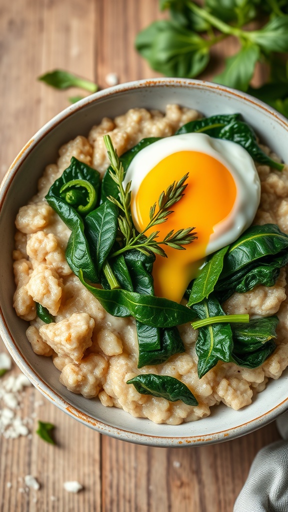 A bowl of savory oatmeal topped with fresh spinach and a poached egg, garnished with herbs.