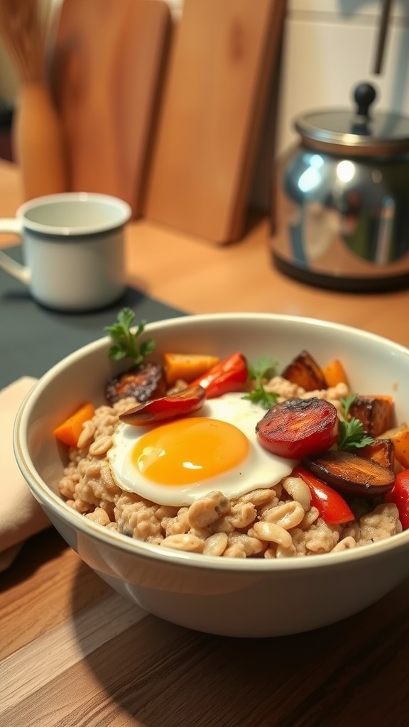 Bowl of savory oatmeal topped with vegetables and a fried egg