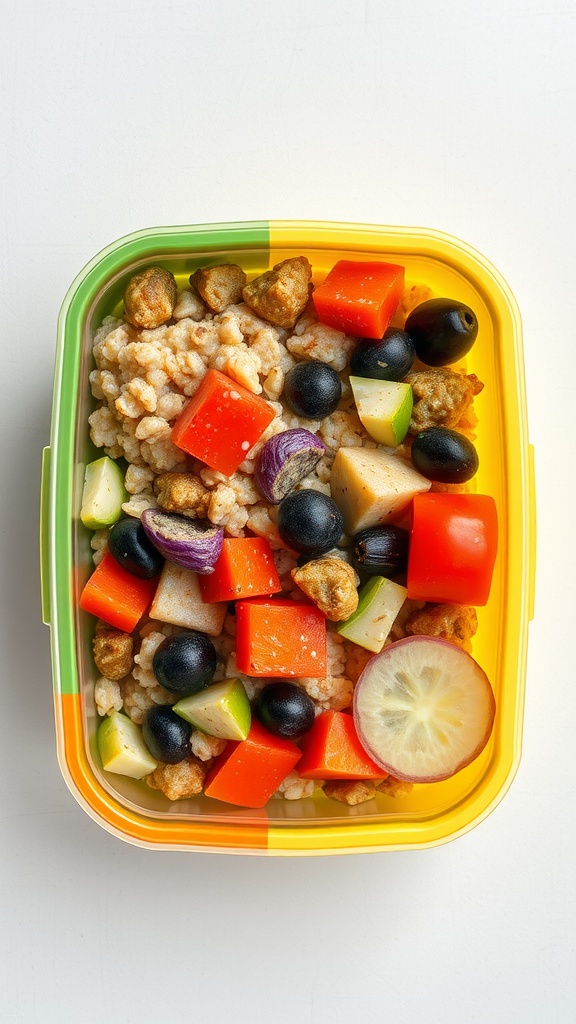 Savory oatmeal with assorted vegetables in a colorful lunchbox.