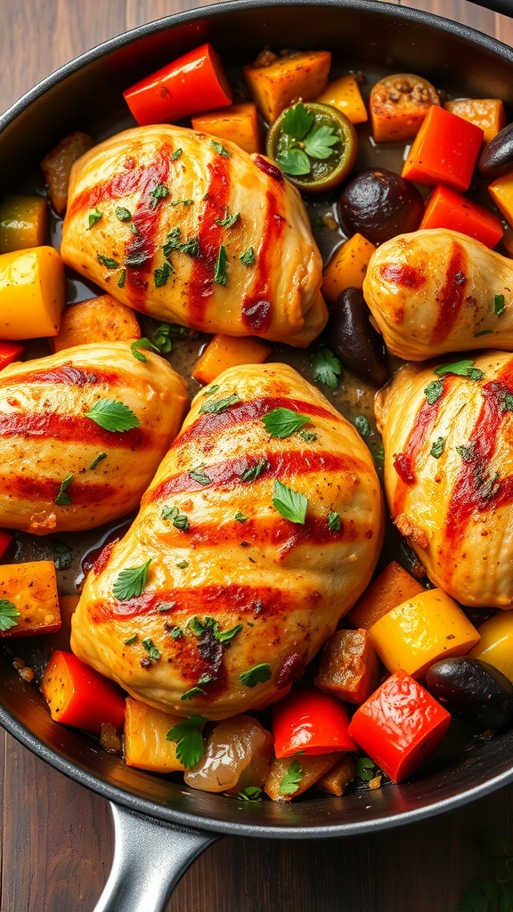 A colorful dish of grilled chicken and vegetables