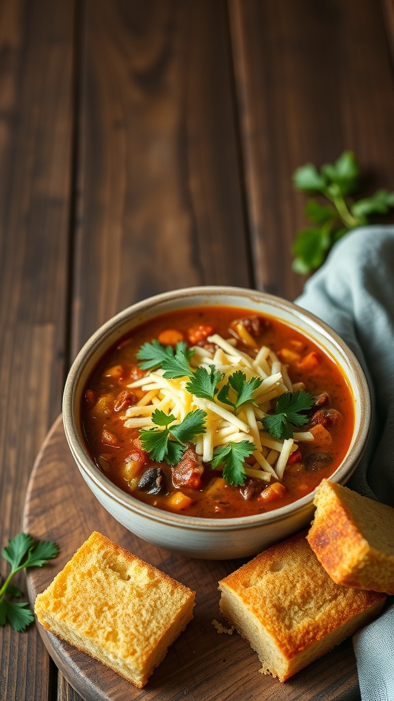 A bowl of savory chili topped with cheese and herbs, served with cornbread.
