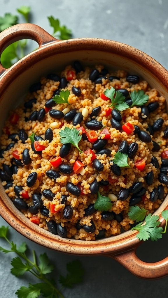 A bowl of savory quinoa and black beans garnished with fresh cilantro.