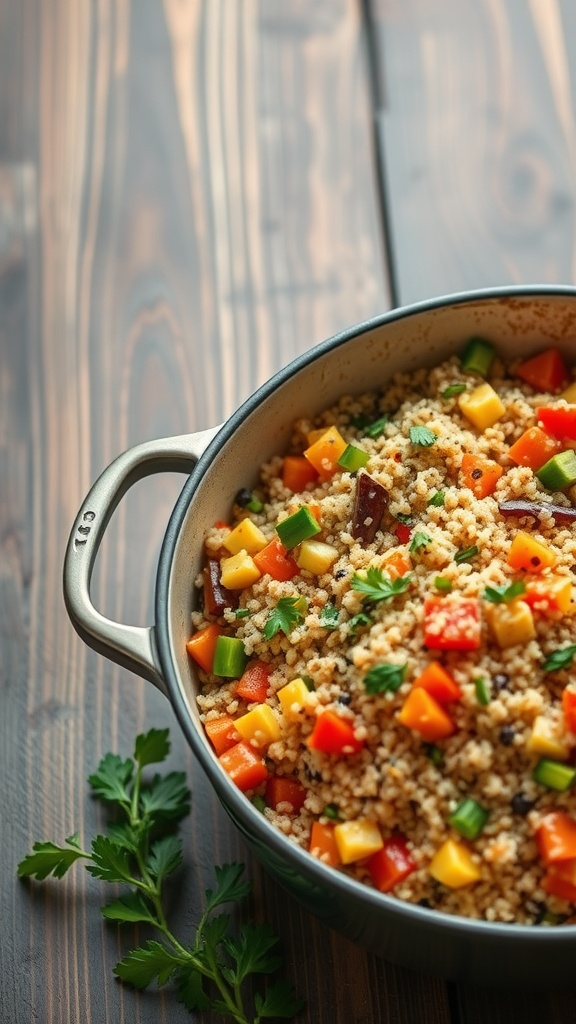 A vibrant quinoa pilaf with colorful vegetables in a pot