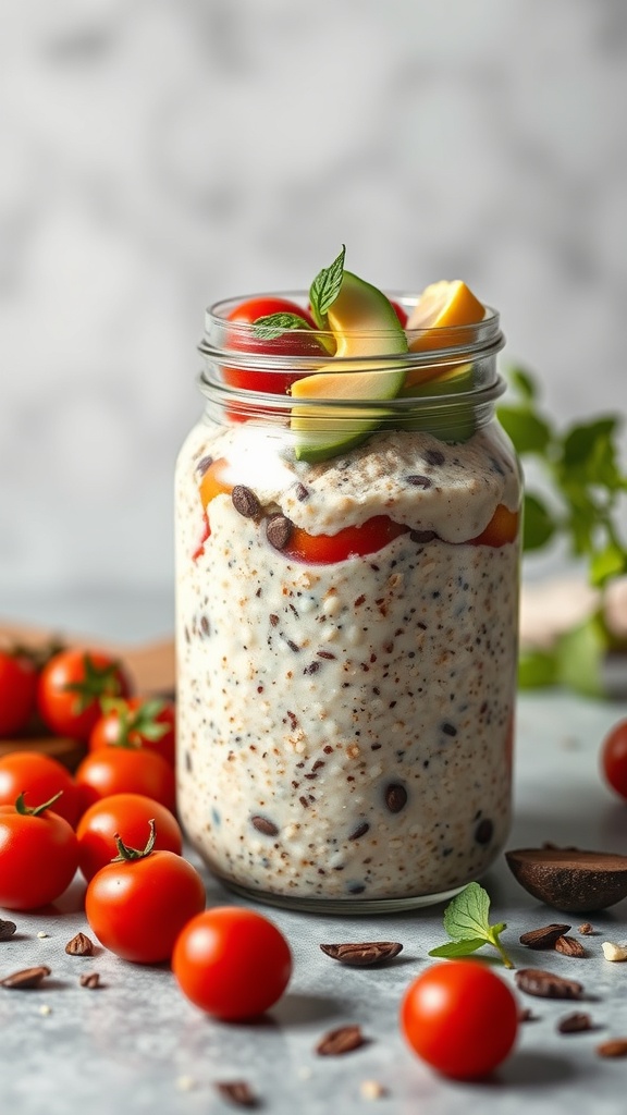 A jar of savory overnight oats topped with cherry tomatoes, avocado, and mint, surrounded by fresh cherry tomatoes.