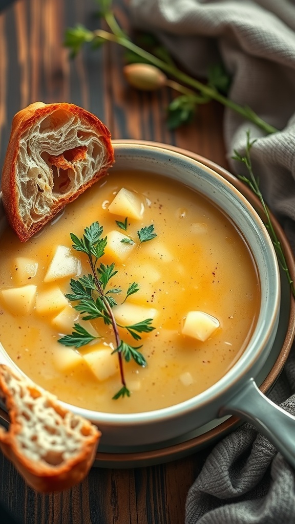 A bowl of creamy potato and leek soup garnished with parsley, accompanied by crusty bread.