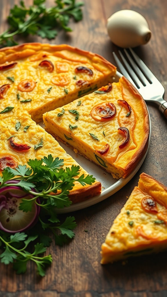 A close-up of a savory potato and onion frittata, sliced and garnished with fresh herbs.
