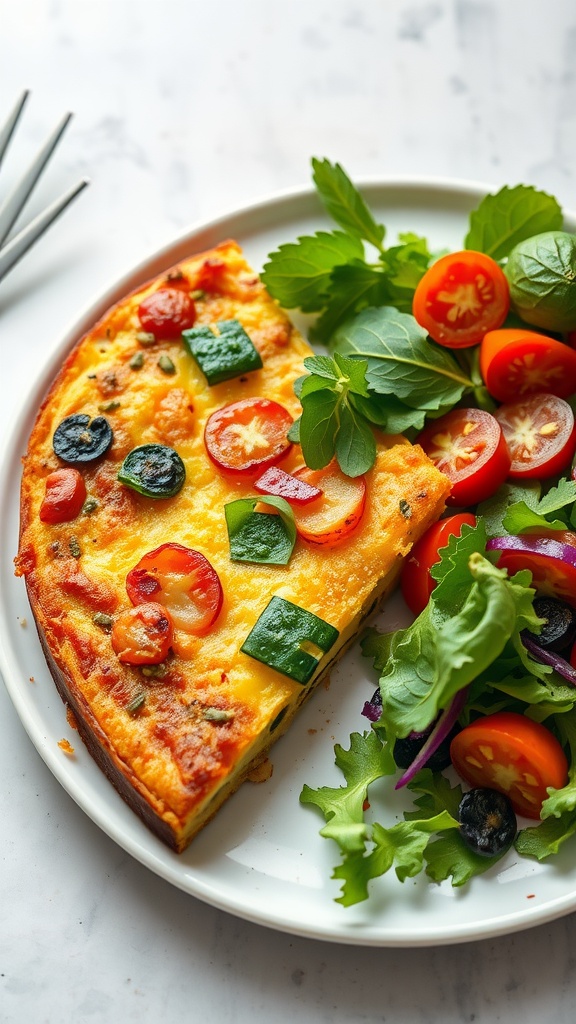 A slice of savory potato and vegetable frittata on a plate with a side salad.