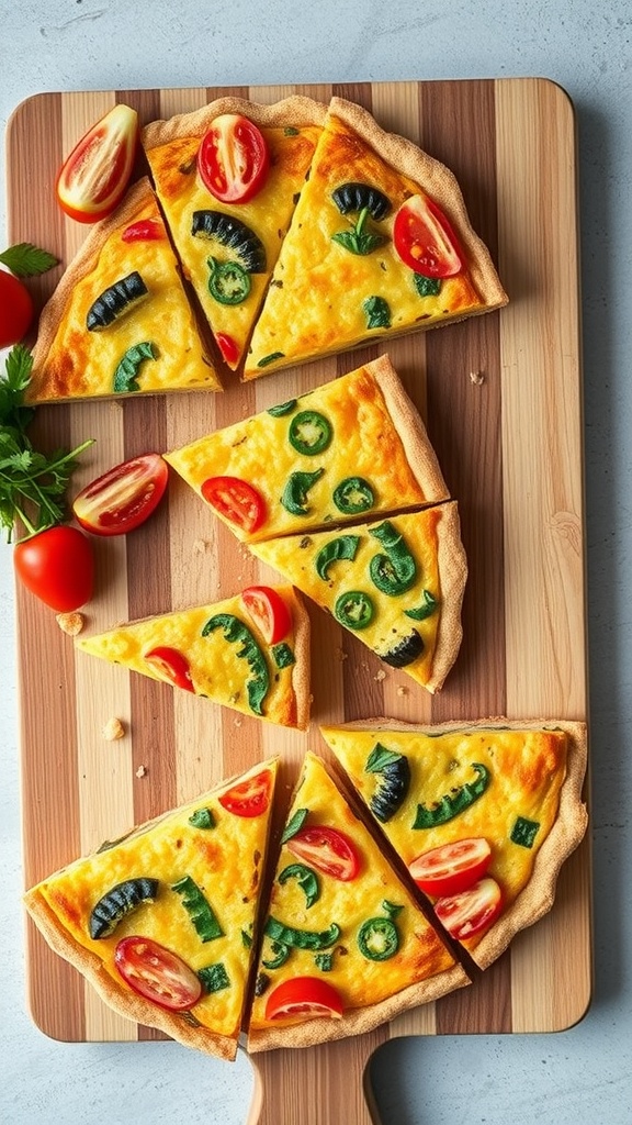 Savory quiche slices with vegetables on a wooden cutting board.