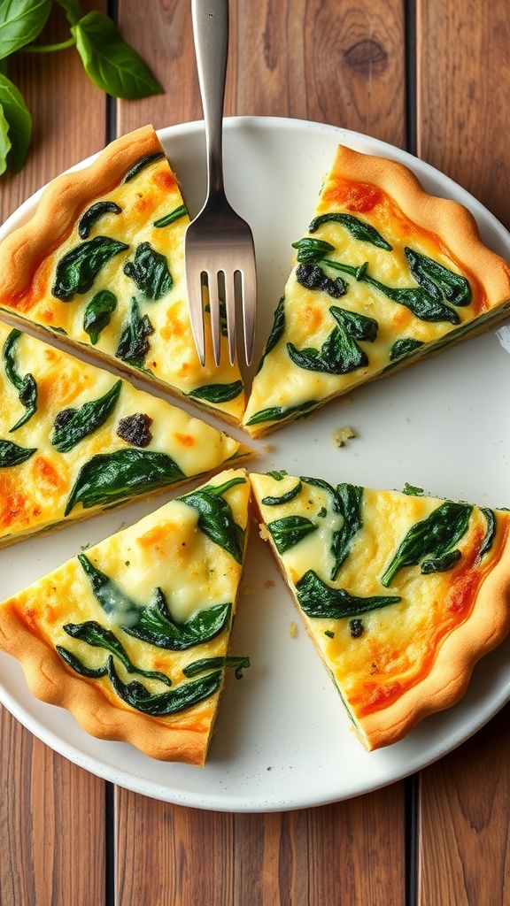 Savory quiche slices with spinach on a plate.