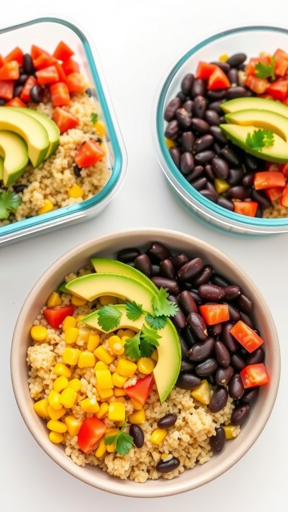 Meal prep bowls with quinoa, black beans, corn, tomatoes, and avocado