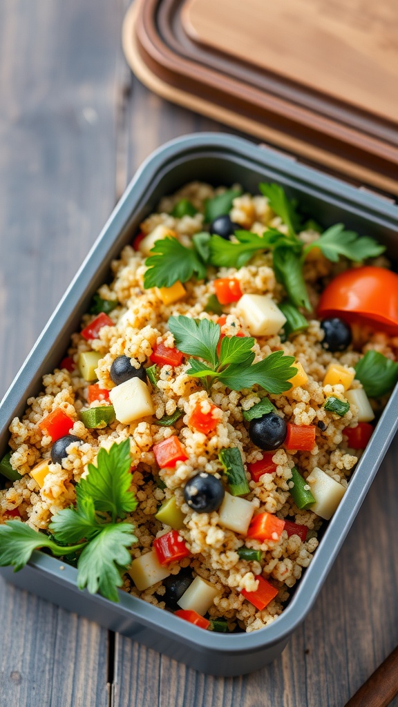 A colorful quinoa salad with diced vegetables and herbs.
