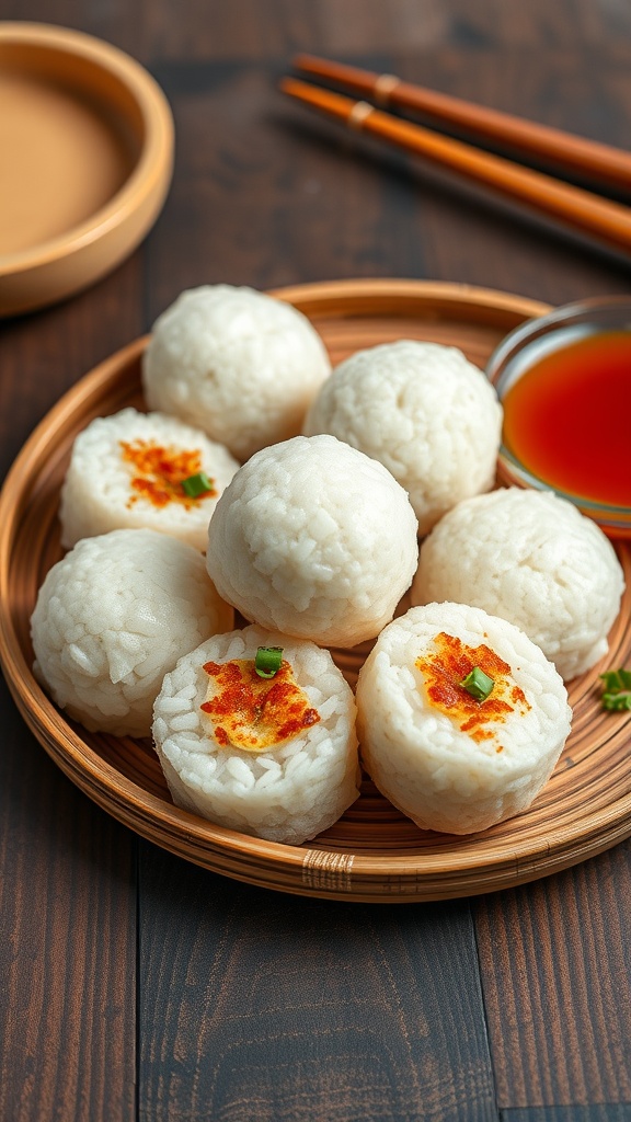 Savory rice balls served on a bamboo platter with dipping sauce.