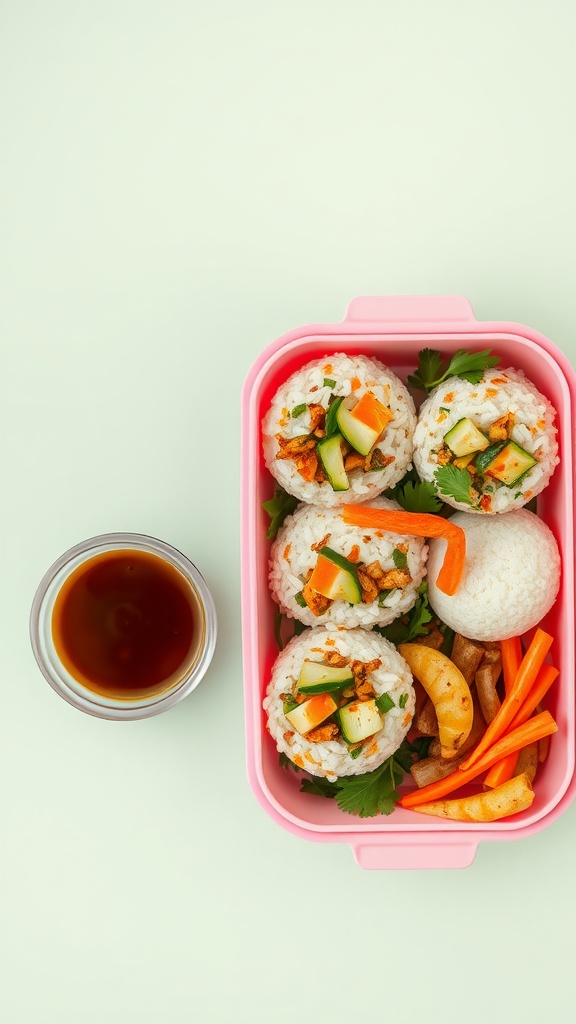 Savory rice balls with vegetables in a lunchbox