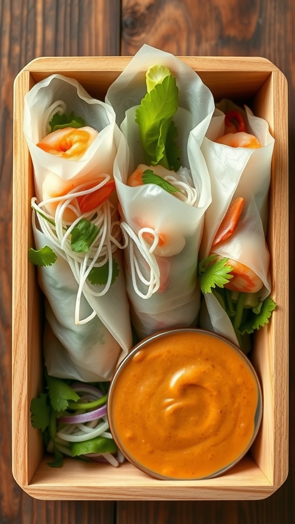 A wooden bento box filled with fresh rice paper rolls and a dipping sauce