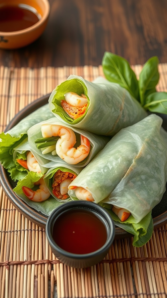 Savory rice paper rolls filled with shrimp and vegetables, served with a dipping sauce
