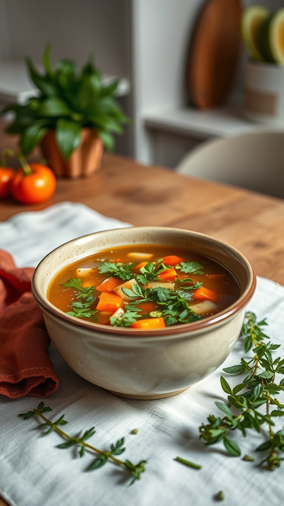 A bowl of colorful vegetable soup garnished with fresh herbs, placed on a table with a plant and some oranges in the background.