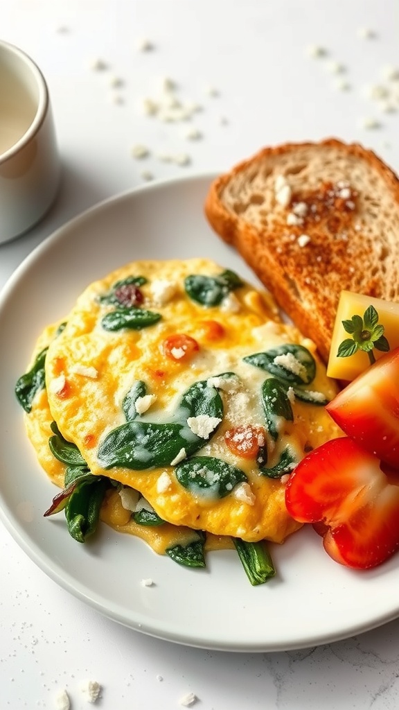 A savory spinach and cheese omelette served with toast and fresh tomatoes.