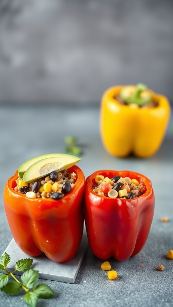Two stuffed bell peppers filled with a colorful mixture of grains, beans, and corn, garnished with avocado slices.