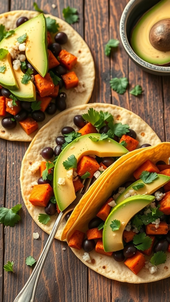 Savory sweet potato and black bean tacos topped with avocado and cilantro on wooden table.