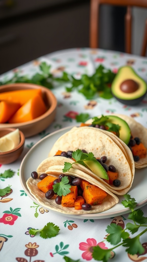 Savory sweet potato and black bean tacos served with avocado and cilantro