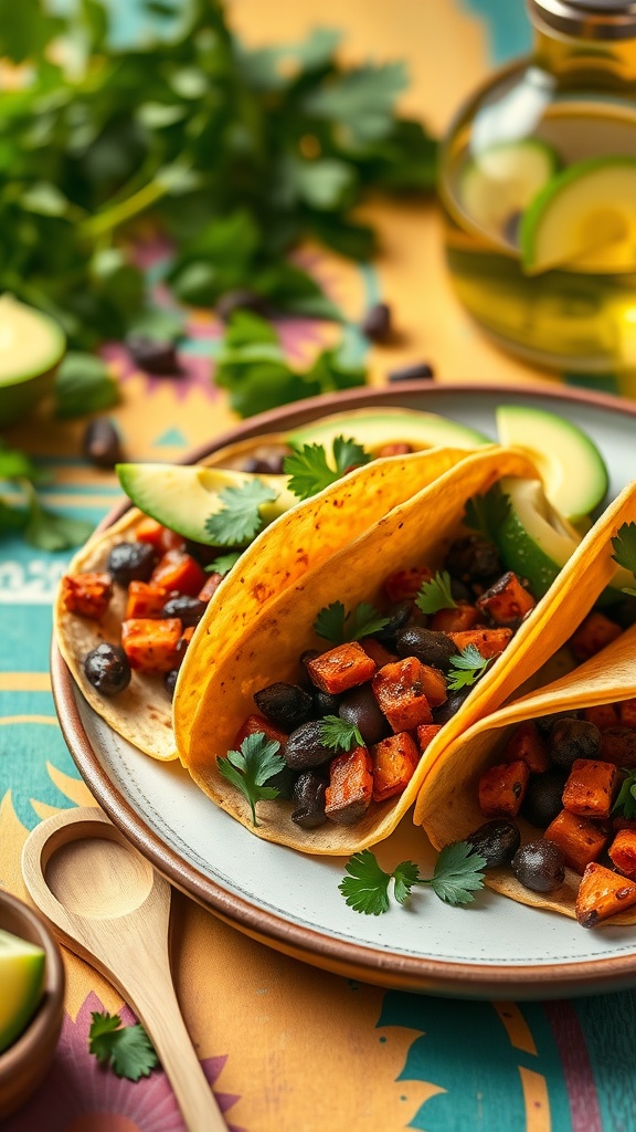 Tacos filled with sweet potatoes and black beans garnished with cilantro