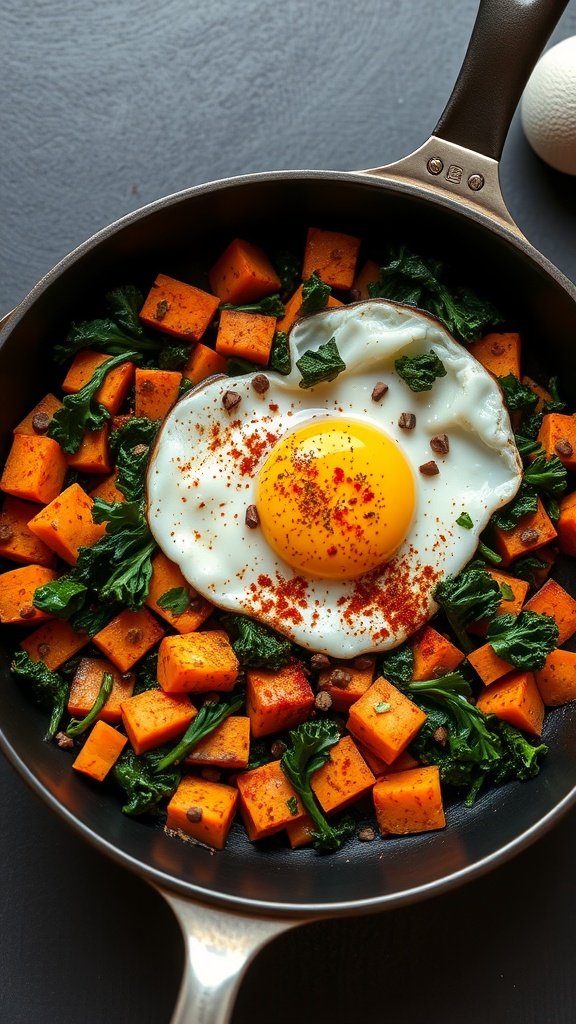 Savory sweet potato and kale hash in a skillet