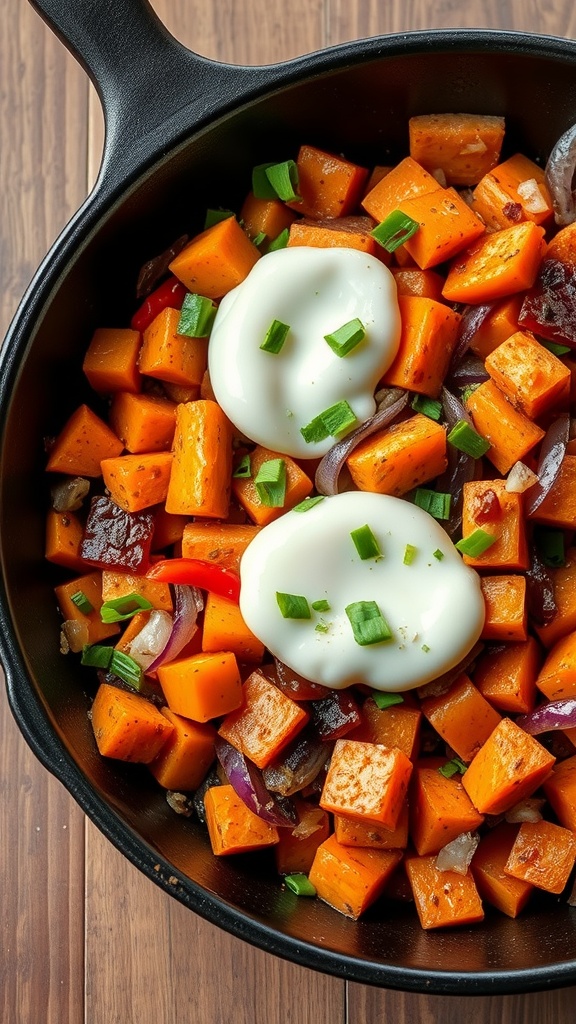 A colorful skillet filled with diced sweet potatoes, red bell peppers, and onions, garnished with fresh herbs.