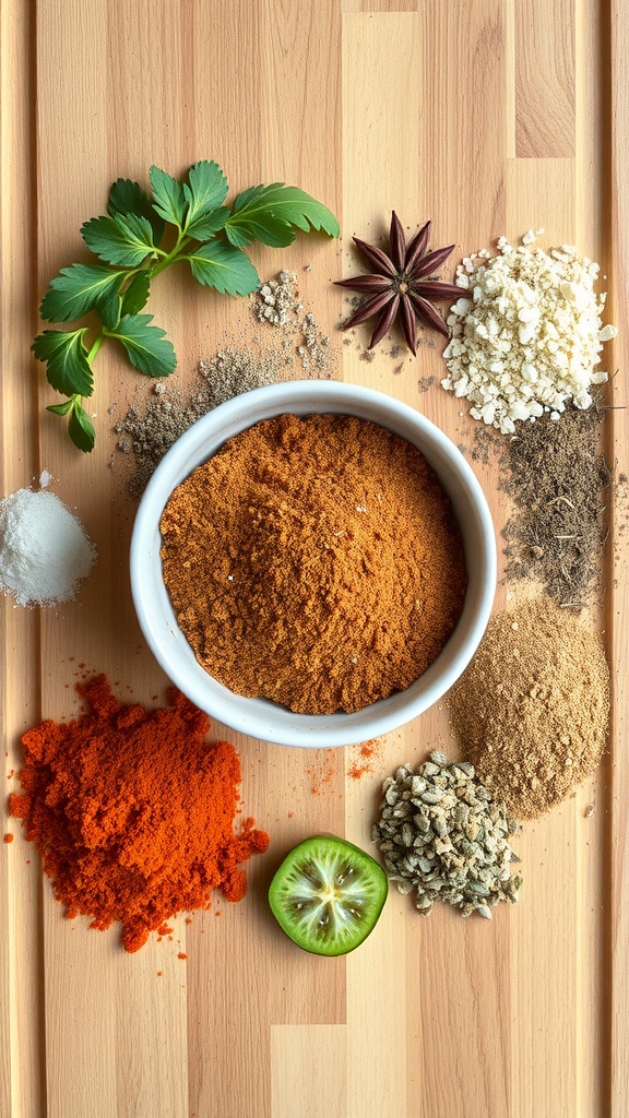 A collection of spices and seasonings for a taco seasoning blend.