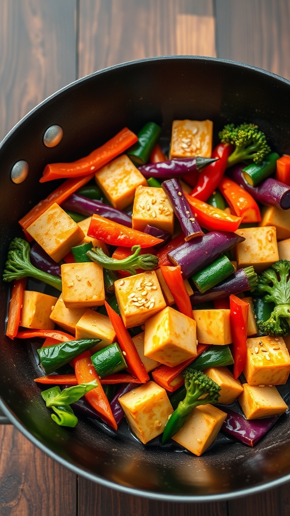 A colorful stir-fry featuring tofu and seasonal vegetables in a black skillet.