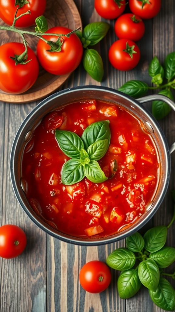 A pot of tomato basil marinara sauce surrounded by fresh tomatoes and basil leaves.