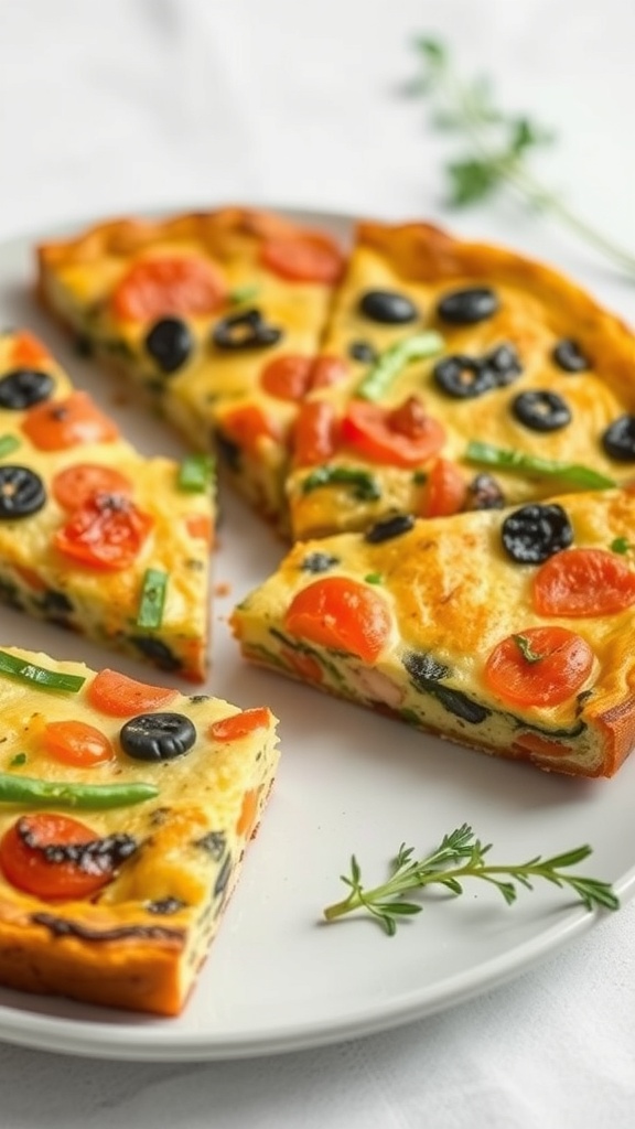 A plate of savory vegetable frittata slices with cherry tomatoes, green bell peppers, and black olives.