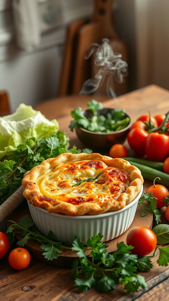 A delicious savory vegetable pot pie surrounded by fresh ingredients
