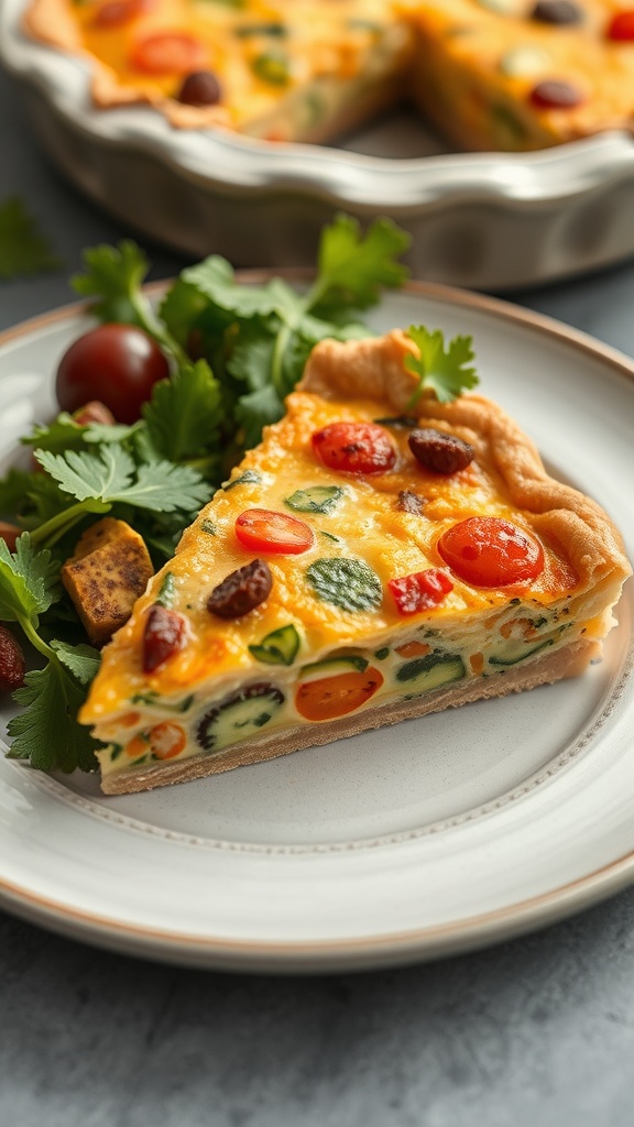 A slice of savory vegetable quiche served with a side salad, featuring colorful vegetables and a golden crust.