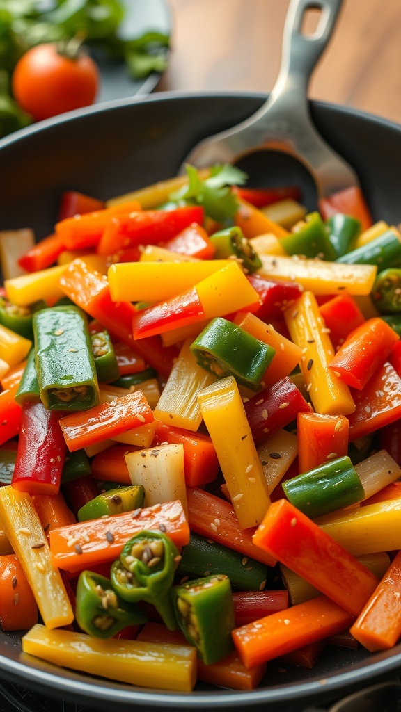 Colorful vegetable stir-fry in a pan.