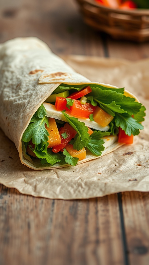 A colorful wrap filled with fresh vegetables and cheese, resting on a wooden surface.